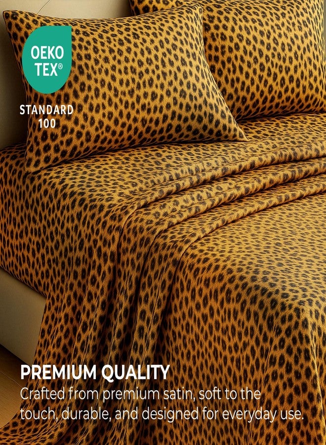 Pure Bedding Satin Sheets King [4-Piece, Gold Leopard] Hotel Luxury Silky Bed Sheets - Extra Soft 1800 Microfiber Sheet Set, Wrinkle, Fade, Stain Resistant - Deep Pocket Fitted Sheet, Flat Sheet, Pillow Cases - Image 2